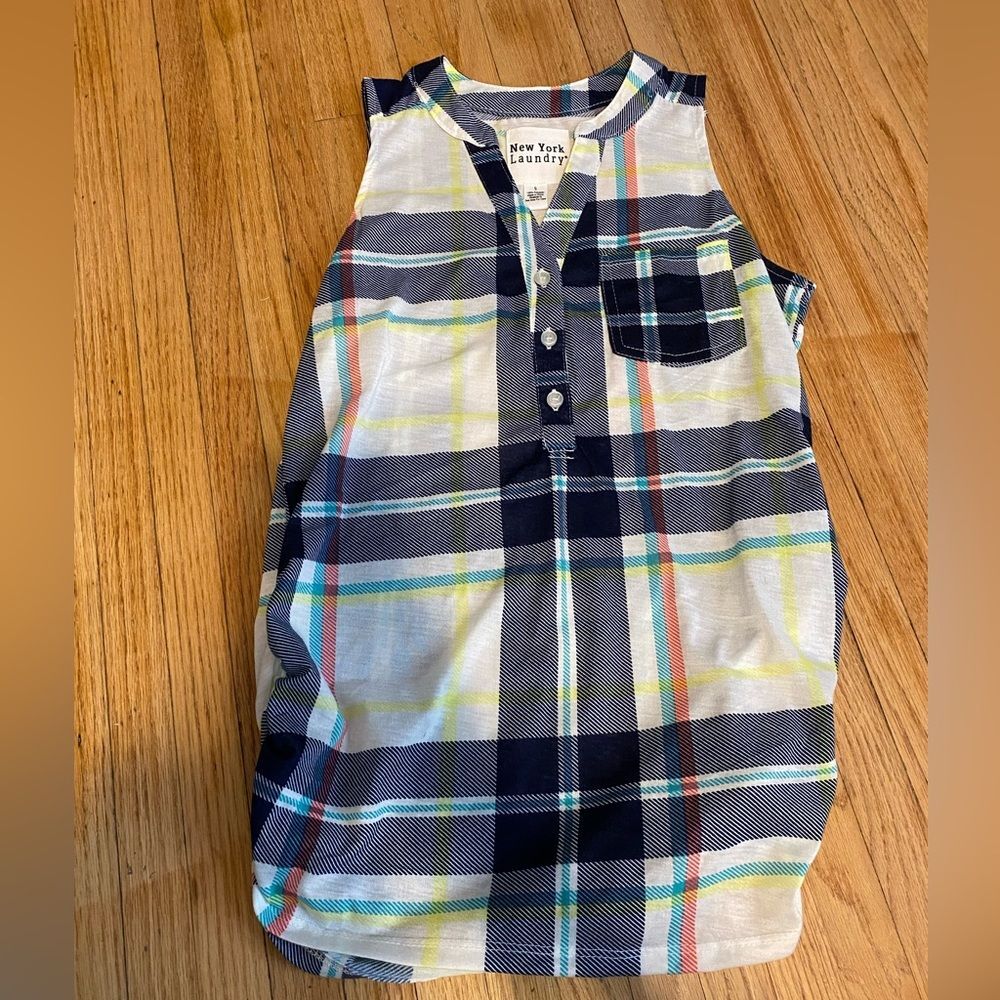 New York Laundry Women S Sleeveless Tank Blouse Plaid Blue Ruched Sides Button